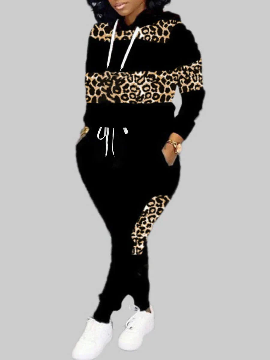 LW Plus Size Autumn Women Long Sleeves Two Pieces Hooded Collar Leopard Print Tracksuit Set Sweatshirts Pullover Hoodies Pant