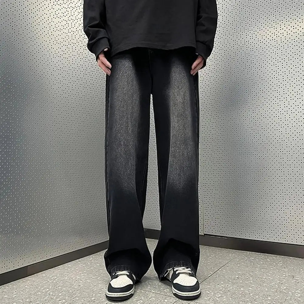 Men Jeans Gradient Contrast Color Wide Leg Loose High Street Retro Hip Hop Straight Full Length Pockets Button Zipper Closure Me