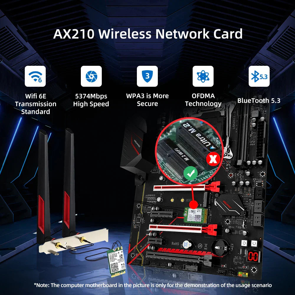 Intel AX210 WiFi Card 5374Mbps Bluetooth 5.3 Wi-Fi 6E Adapter 2 In 1 Desktop Kit 10DBi Antennas 802.11ax 2.4G/5Ghz/6Ghz For PC