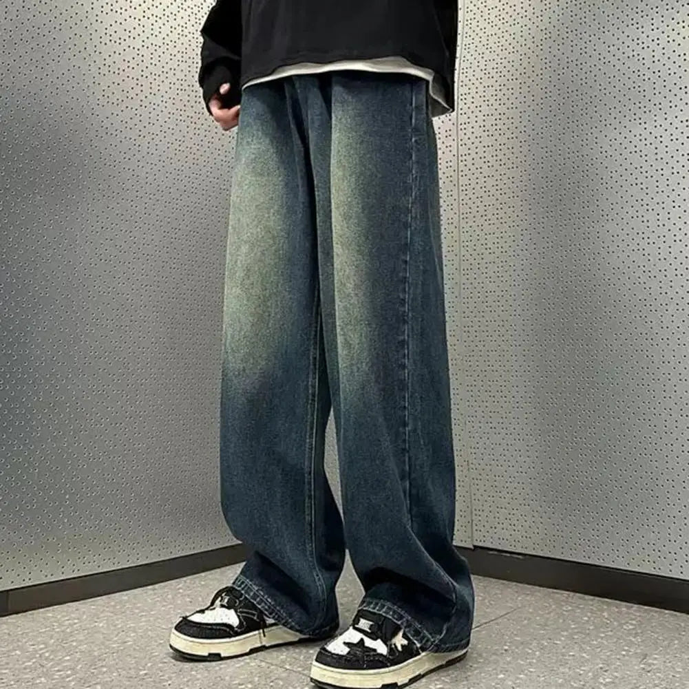 Men Jeans Gradient Contrast Color Wide Leg Loose High Street Retro Hip Hop Straight Full Length Pockets Button Zipper Closure Me
