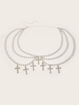 Alloy hollowed out cross pendant with wavy side swing waist chain and sexy multi-layer body chain