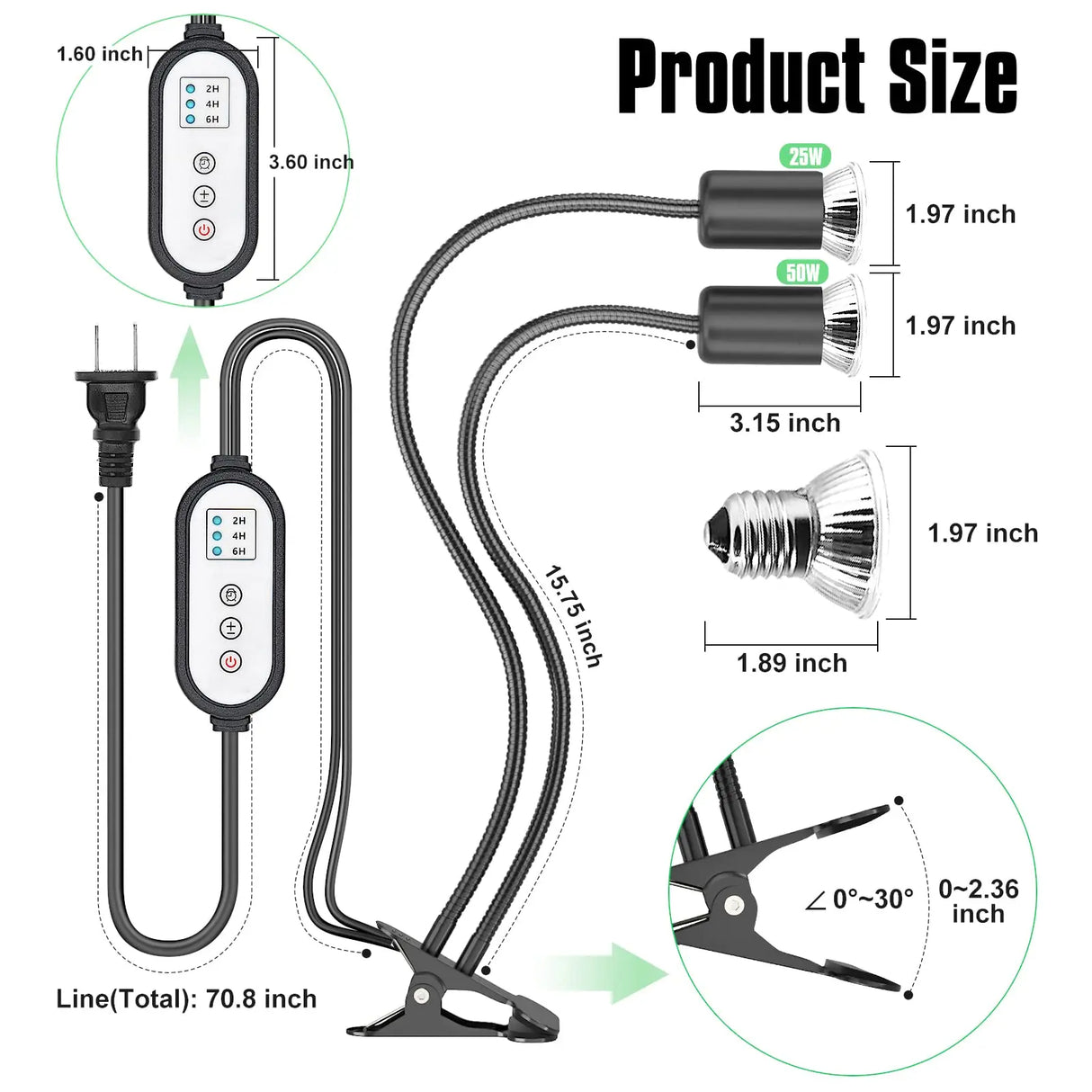 (Pack of 2) iGrowsla Dual-Head Reptile Heat Lamp Light with Timer 2/4/8H, 50W UVA/B Bulb Habitat and Clamp for Turtles, Lizard, Snake