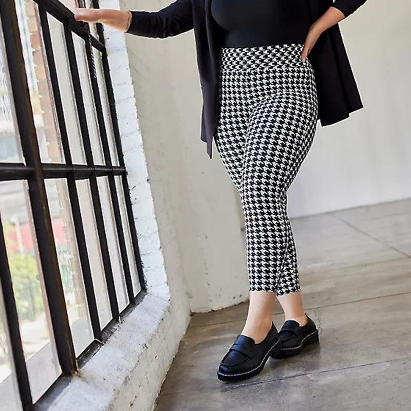 Plus Size Houndstooth Print Summer Spring Leggings Women High Elastic Waist Skinny Pencil Pants Female Large Size Capri 7XL 8XL