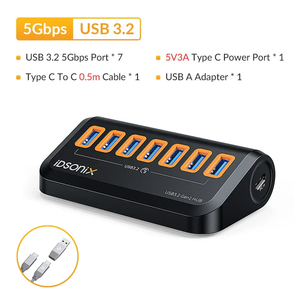 IDsonix USB Splitter USB 3.2 Hub 10Gbps Type C Adapter Multi Ports USB 3.0 Docking Station Hub for Surface Macbook Laptop PC Hub