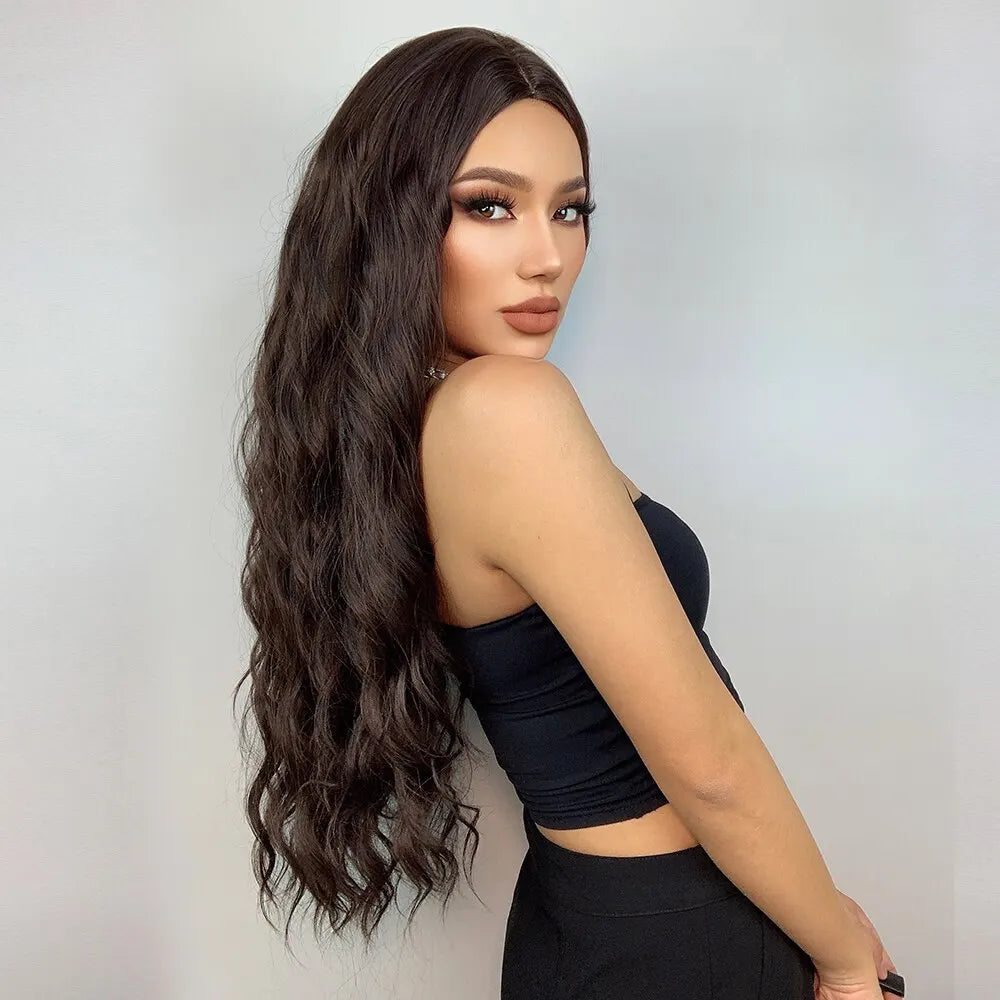 HAIRCUBE Long Brown Curly Wavy Wig for Women Middle Part Synthetic Wig for Any Occasion Heat Resistant Fake Hair