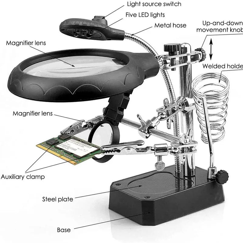 Welding Magnifying Glass LED Light Auxiliary Clip loupe Magnifier 3 In1 Hand Soldering Solder Iron Stand Holder Station