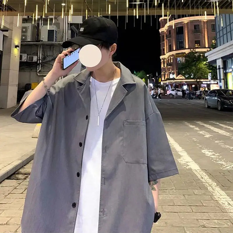 Summer Men's Sets Half Sleeve Blazer Suits Solid Short Sleeve Button Shirt + Shorts Korean Handsome Loose 2 Piece Set Outfits