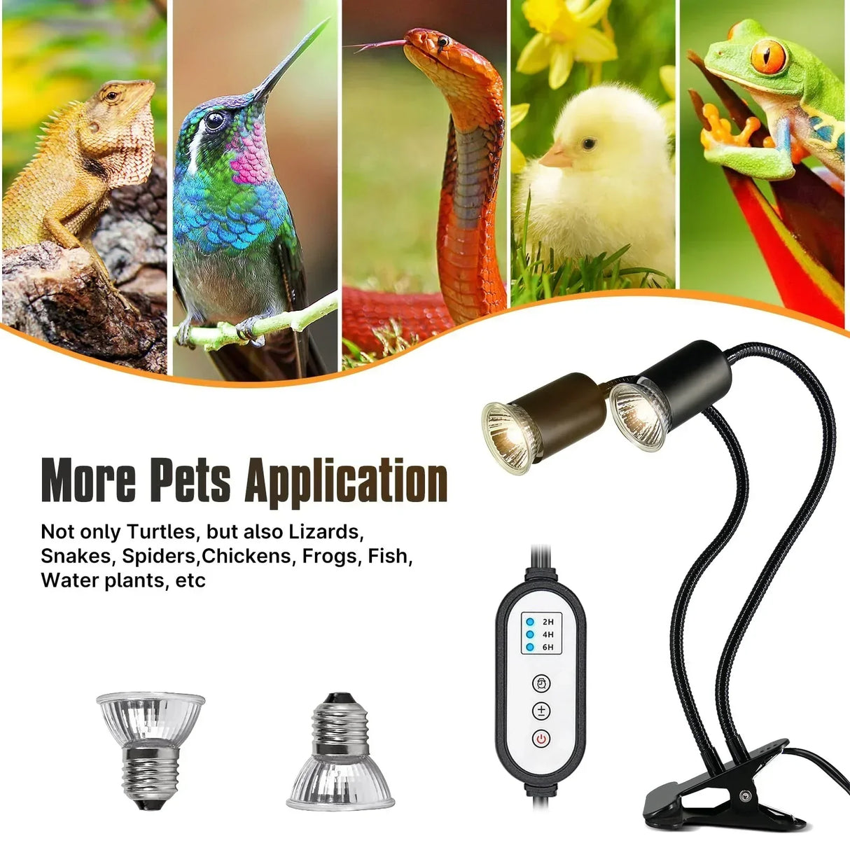 (Pack of 2) iGrowsla Dual-Head Reptile Heat Lamp Light with Timer 2/4/8H, 50W UVA/B Bulb Habitat and Clamp for Turtles, Lizard, Snake