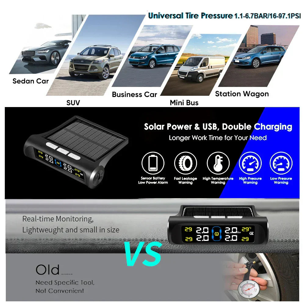 Solar Car TPMS Tire Pressure Alarm Digital Colorful Display 4 External Sensors Waterproof Tire Presssure Monitoring System