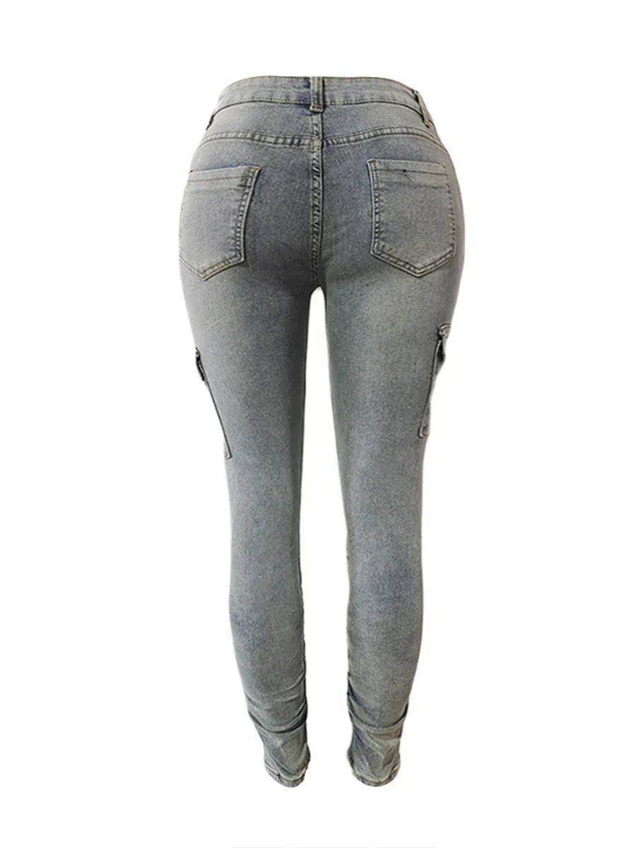 LW Plus Size High Waist Side Flap Pocket Cargo Jeans Women Zipper Ruched Design Jeans Causal Skinny Long Trouser