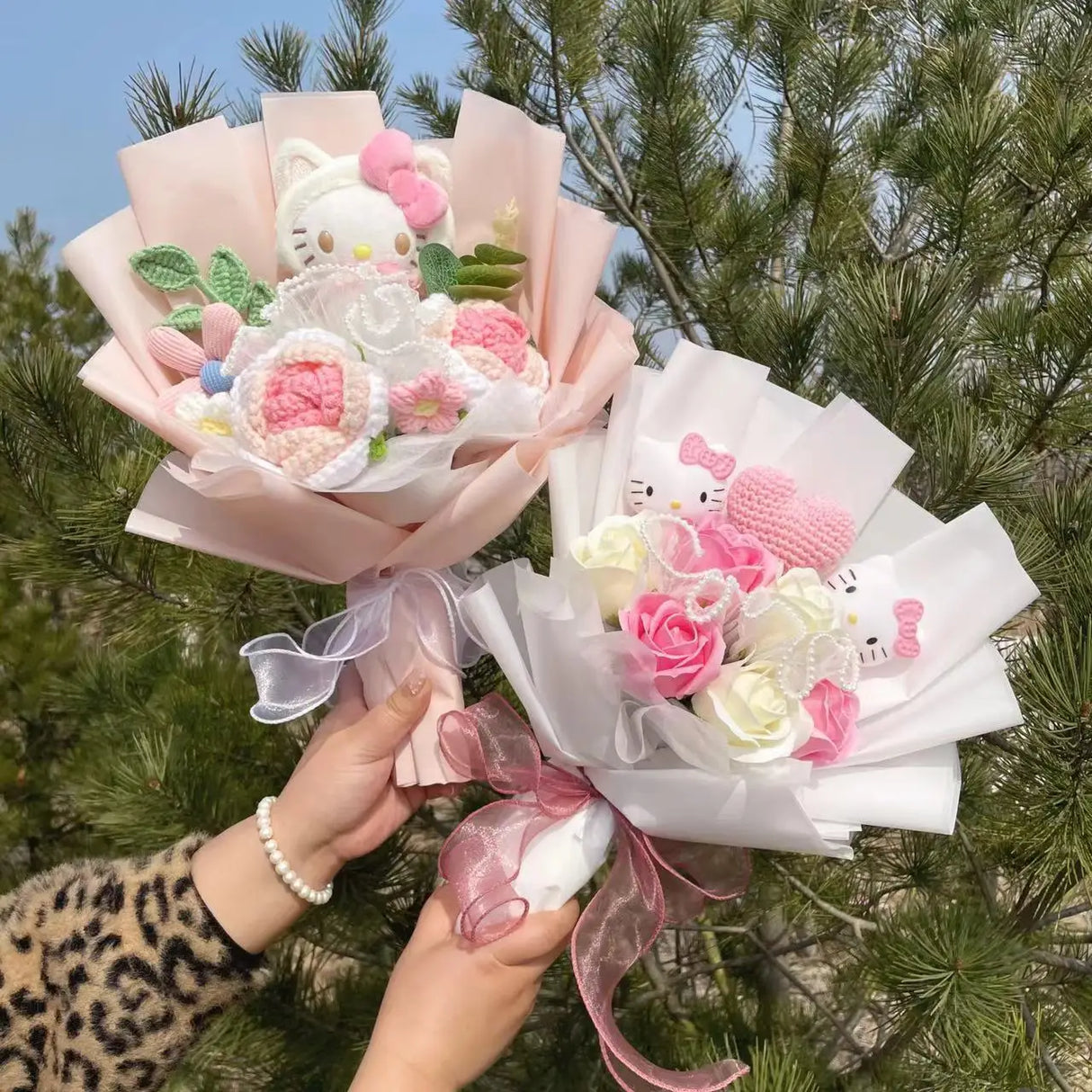 Kawaii Hello Kitty Cat Plush Dolls Rose Soap Flowers Bouquet Christmas Valentine's Day Birthday Graduation Gifts