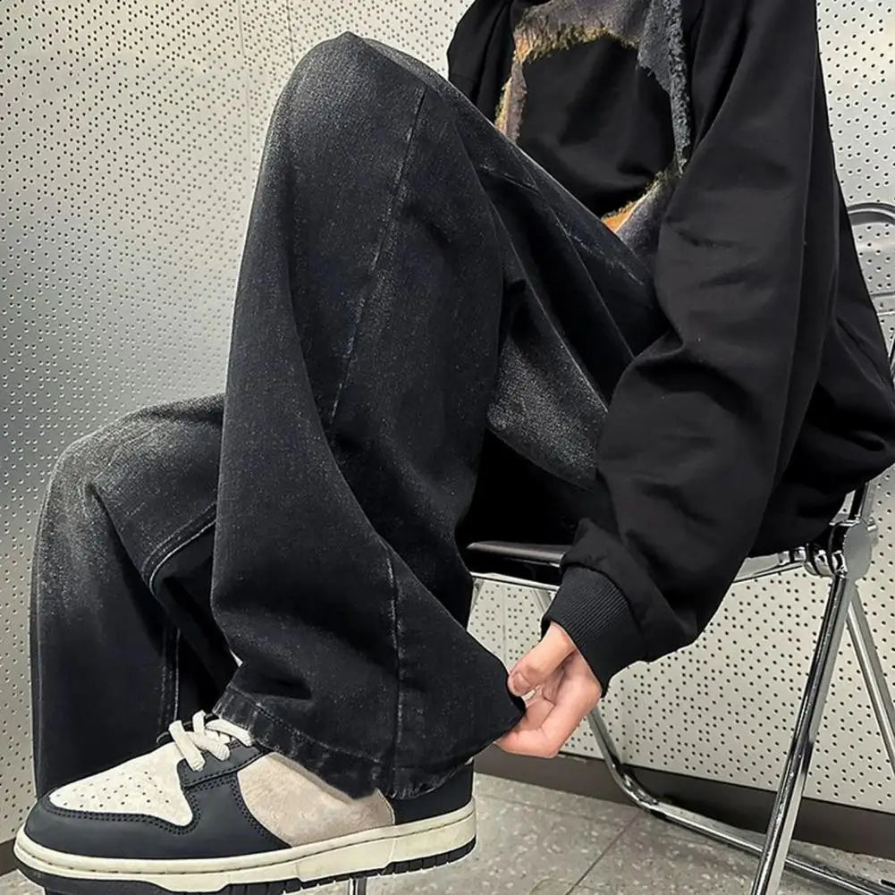Men Jeans Gradient Contrast Color Wide Leg Loose High Street Retro Hip Hop Straight Full Length Pockets Button Zipper Closure Me