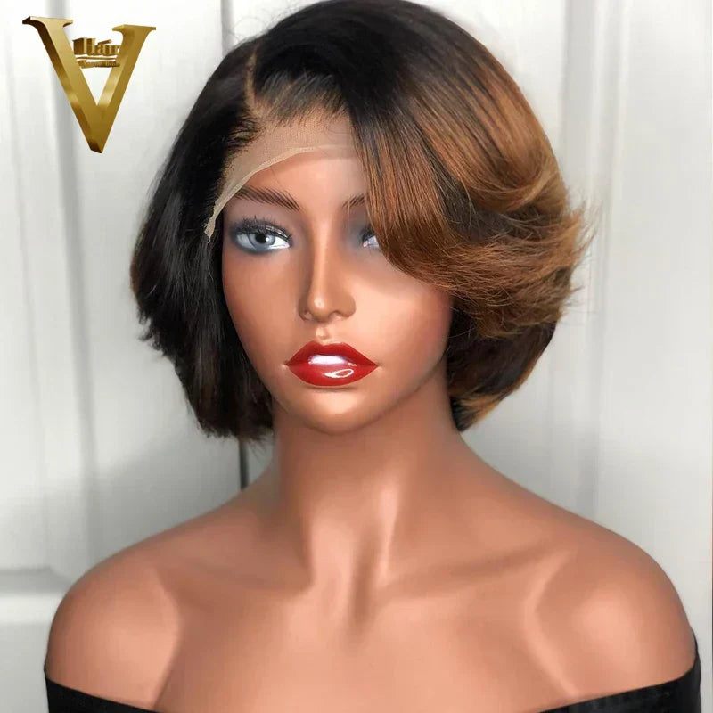 Short Bob Honey Blonde Ombre Colored Wig Straight 13X4 Lace Front Human Hair 4X4 Closure Frontal Wigs For Black Women Prepucked