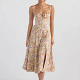 Women Summer Boho Spaghetti Straps Split Thigh Midi Dress Tie Front Solid Floral Print Sleeveless Vintage A Line Beach Dresses