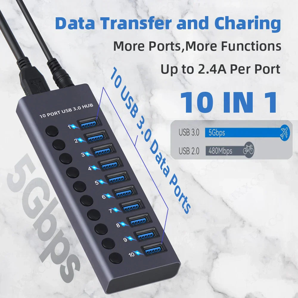 Metal USB 3.0 Hub Multi USB Splitter 4/7/10Ports Use Power Adapter Multiple Expander 2.0 Hub With Switch For Laptop Accessoriess