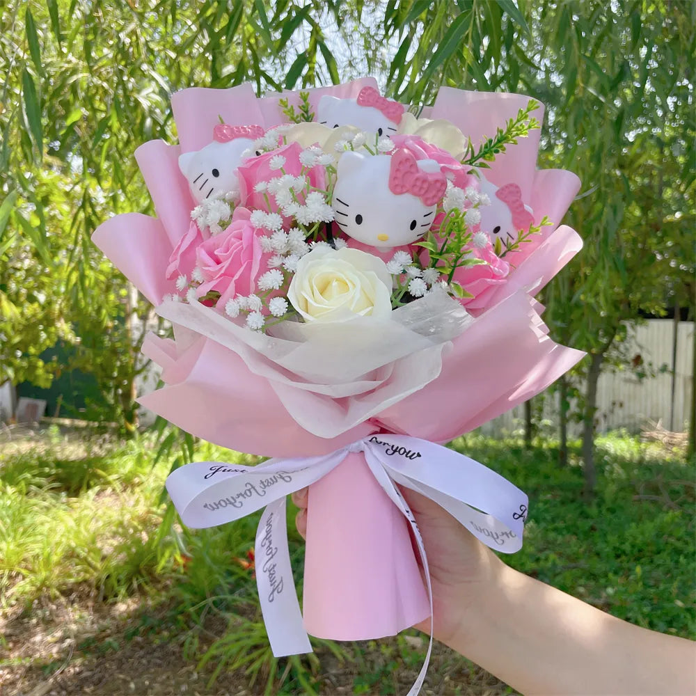 Kawaii Hello Kitty Cat Plush Dolls Rose Soap Flowers Bouquet Christmas Valentine's Day Birthday Graduation Gifts