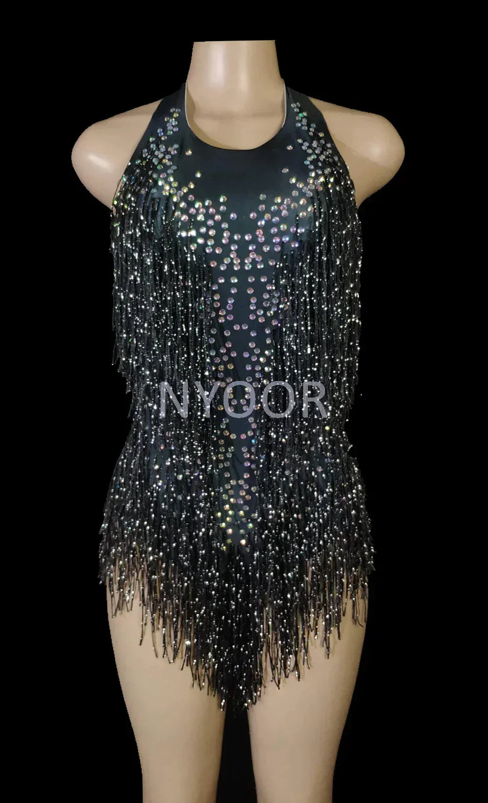 Sparkly Crystals Fringes Bodysuit Sexy Tassel Leotard Jazz Dance Costume One-piece Stage Wear Dancer Performance Show Clothing