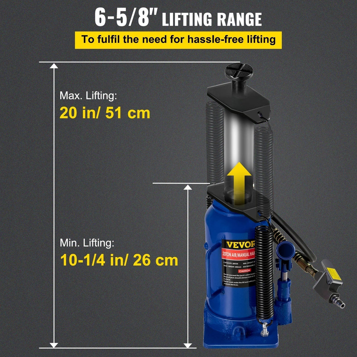 VEVOR 20 Ton 4Ft Air Hydraulic Bottle Car Jack Tool for Lifting Farm Vehicles Heavy-Duty Machinery Industrial Equipment Repair