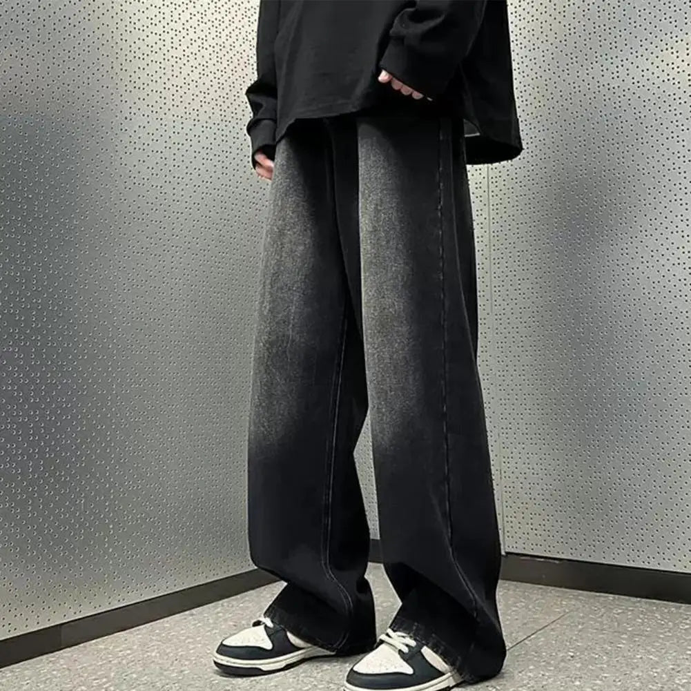 Men Jeans Gradient Contrast Color Wide Leg Loose High Street Retro Hip Hop Straight Full Length Pockets Button Zipper Closure Me