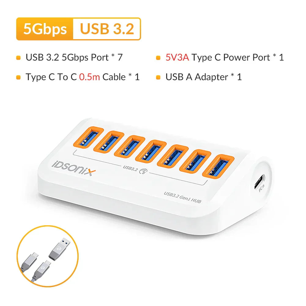 IDsonix USB Splitter USB 3.2 Hub 10Gbps Type C Adapter Multi Ports USB 3.0 Docking Station Hub for Surface Macbook Laptop PC Hub
