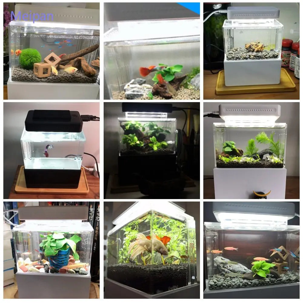 Portable Mini Betta Fish Tank Aquarium Desktop Decorations Marine Aquaponic Fishes Bowl With Water Fliter USB Air Pump LED Light