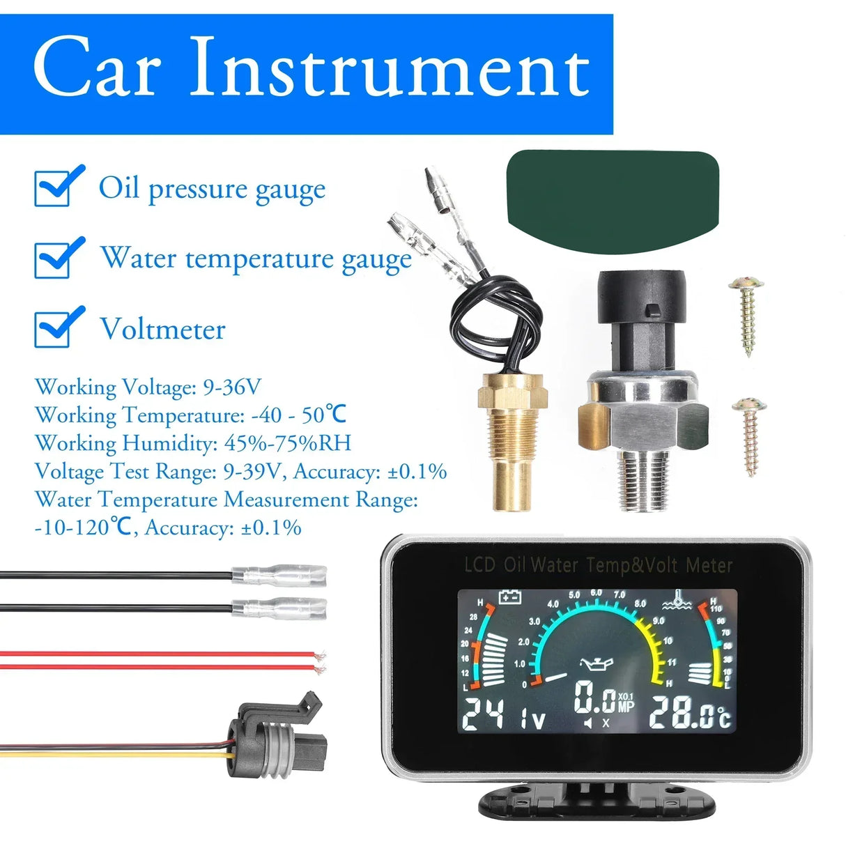 3-in-1 Car LCD Meter Digital Oil Pressure Voltage Water Temperature Gauge Universal Instrument 9-36V for Car Truck SUV RV