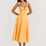 Women Summer Boho Spaghetti Straps Split Thigh Midi Dress Tie Front Solid Floral Print Sleeveless Vintage A Line Beach Dresses