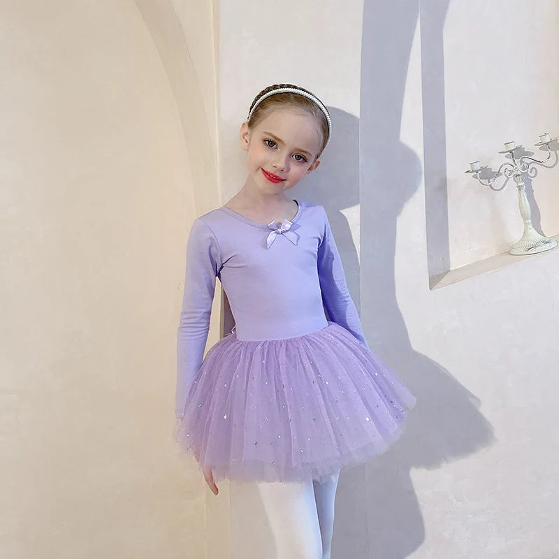 Sequin Gauze Skirt Children Dance Clothes Girls Ballet Dress Kids Training Leotard Stage Costume Bow Back Long Sleeve PurplePink