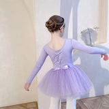 Sequin Gauze Skirt Children Dance Clothes Girls Ballet Dress Kids Training Leotard Stage Costume Bow Back Long Sleeve PurplePink