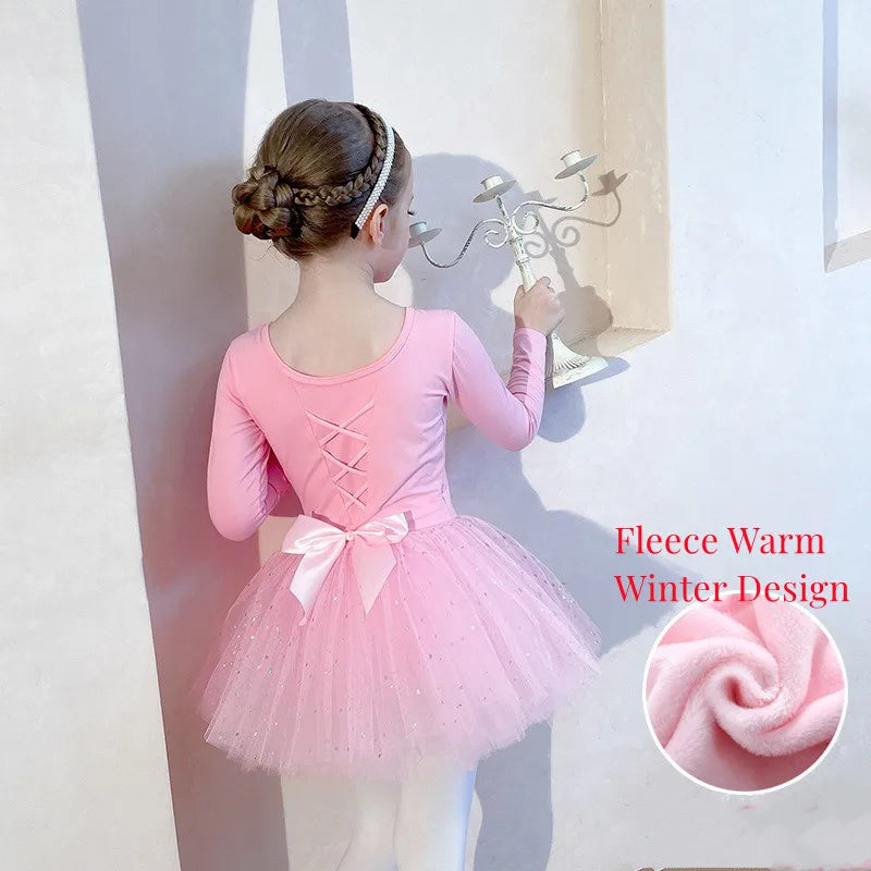 Sequin Gauze Skirt Children Dance Clothes Girls Ballet Dress Kids Training Leotard Stage Costume Bow Back Long Sleeve PurplePink