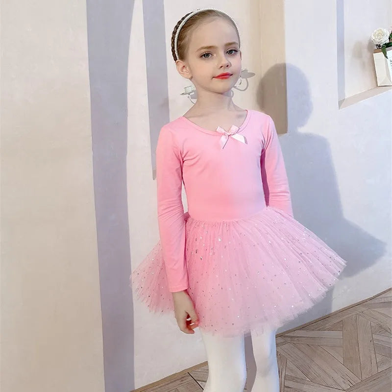 Sequin Gauze Skirt Children Dance Clothes Girls Ballet Dress Kids Training Leotard Stage Costume Bow Back Long Sleeve PurplePink
