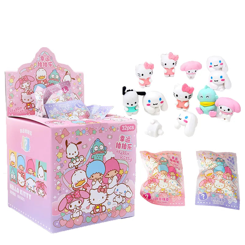 (Pack of 32) /Box Sanrio Blind Box Doll Pencil Eraser Hello Kitty Melody Pochacco Erasers Mystery Box Student Stationery Birthday Gift