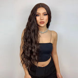 HAIRCUBE Long Brown Curly Wavy Wig for Women Middle Part Synthetic Wig for Any Occasion Heat Resistant Fake Hair