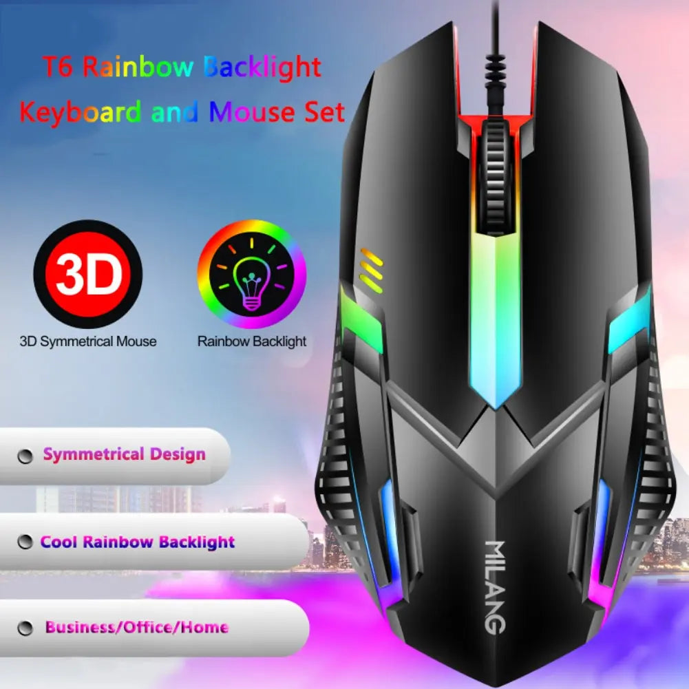 Rainbow Backlit Wired Keyboard and Mouse,Floating Keycap Strong, Wear-resistant, Comfortable Feel Keyboard for Business Office