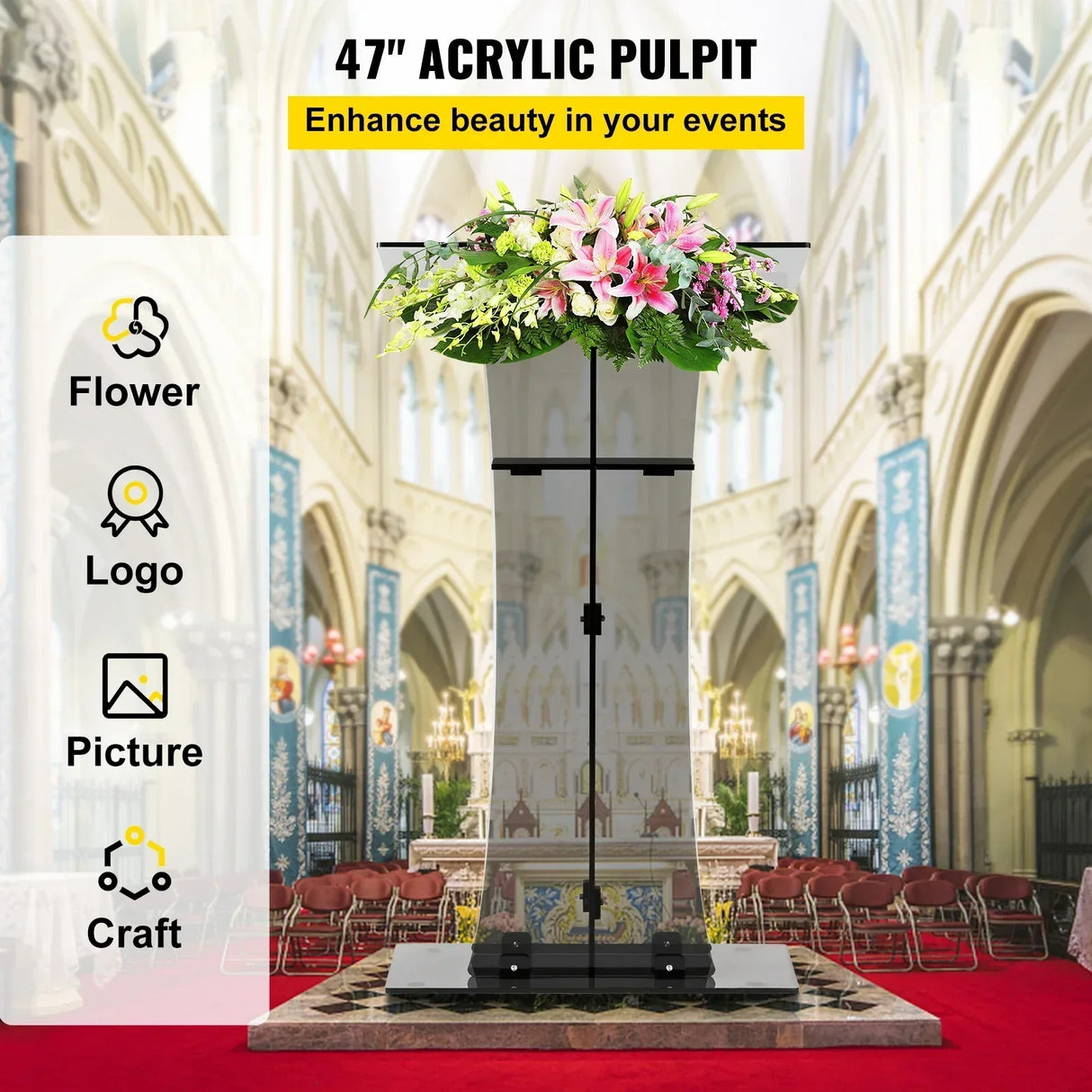 VEVOR 47" Clear Podium Stand Floor-Standing Acrylic Podium Lectern W/ Reading Surface & Storage Shelf for Church Office School