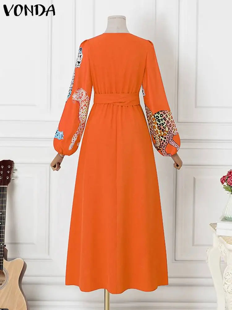VONDA Plus Size Women Dress 2024 Autumn Vintage Printed V-Neck Casual Sundress Long Lantern Sleeve Belted Bohemian Robe