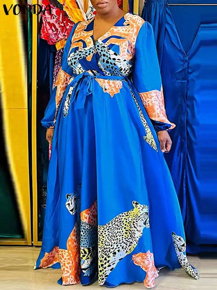 VONDA Plus Size Women Dress 2024 Autumn Vintage Printed V-Neck Casual Sundress Long Lantern Sleeve Belted Bohemian Robe