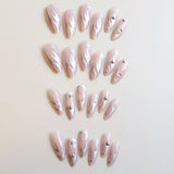 Wearable Silver Stripes Y2k False Nails Long Almond Round Fashion Nail Tips Press On With Silver Beads Designs Fake Nails Art