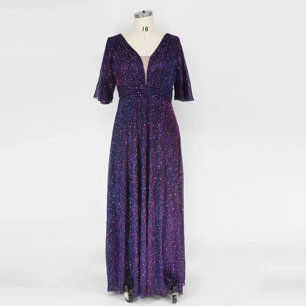 Wedding Bridesmaid Dress For Plus Size Female Fashion Plunging Neck Butterfly Sleeve Glitter Party Dresses Large Size Lady Dress