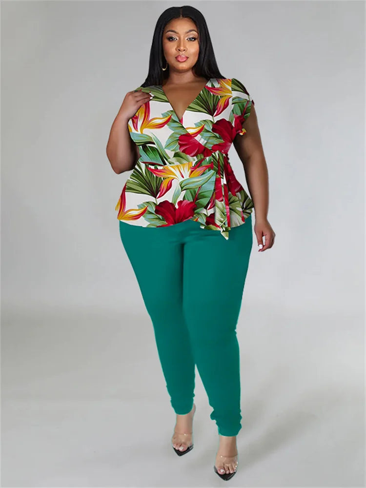 Wmstar Plus Size Two Piece Outfits Pants Sets Women Summer Clothes Printed Top Solid Leggings Matching Wholesale Dropshipping