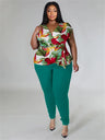 Wmstar Plus Size Two Piece Outfits Pants Sets Women Summer Clothes Printed Top Solid Leggings Matching Wholesale Dropshipping