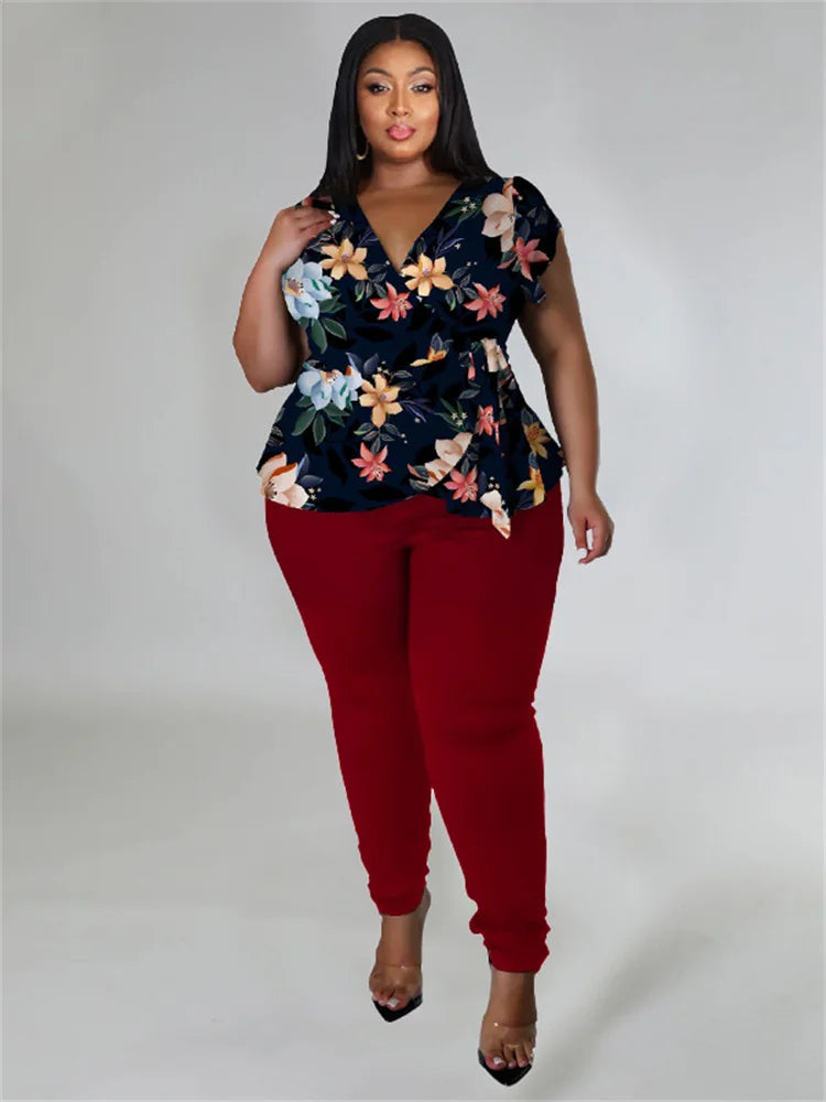 Wmstar Plus Size Two Piece Outfits Pants Sets Women Summer Clothes Printed Top Solid Leggings Matching Wholesale Dropshipping