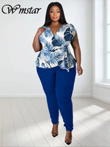 Wmstar Plus Size Two Piece Outfits Pants Sets Women Summer Clothes Printed Top Solid Leggings Matching Wholesale Dropshipping