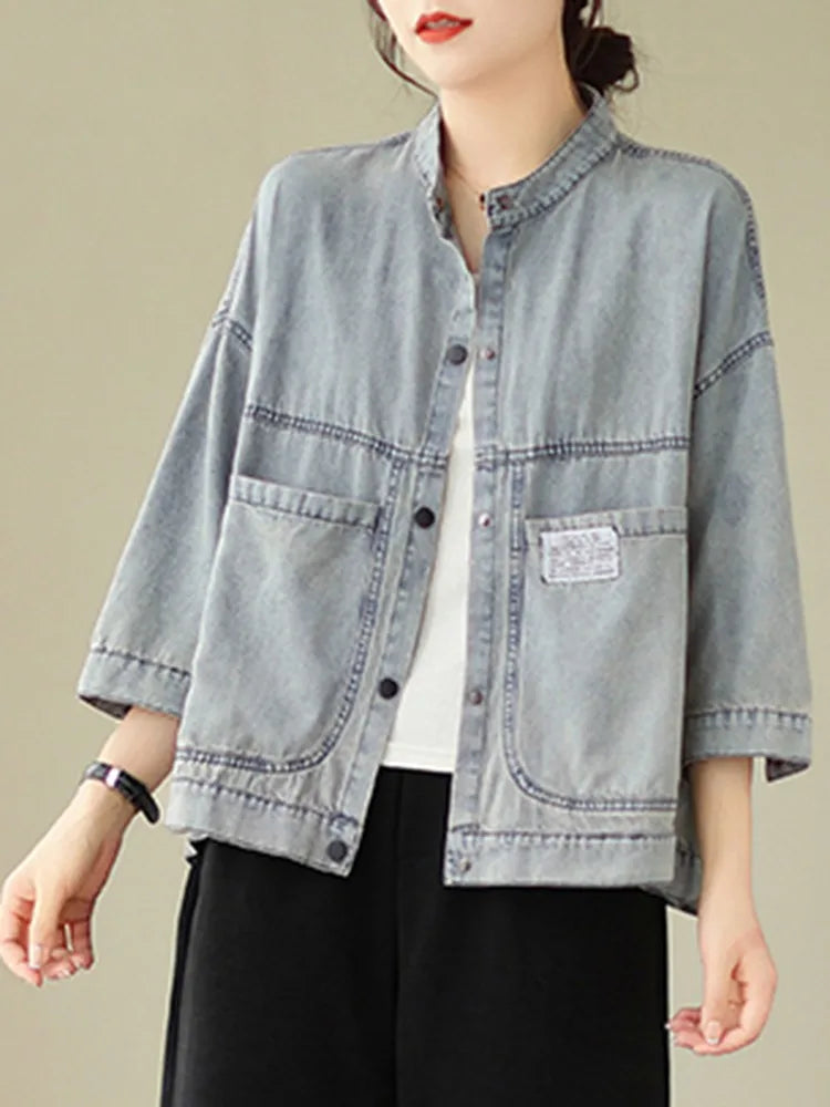 Women Casual Denim Jackets New Arrival 2023 Autumn Korean Style Vintage Stand Collar Basics Female Long Sleeve Coats B3072