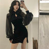 Women's Cheongsam Qipao Dress Velvet Side Split Lantern Sleeve Slim Fit Long Sleeves Dress Mandarin Collar Mini Dress