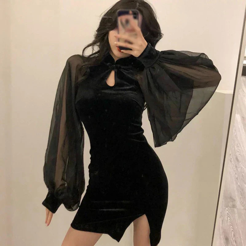Women's Cheongsam Qipao Dress Velvet Side Split Lantern Sleeve Slim Fit Long Sleeves Dress Mandarin Collar Mini Dress