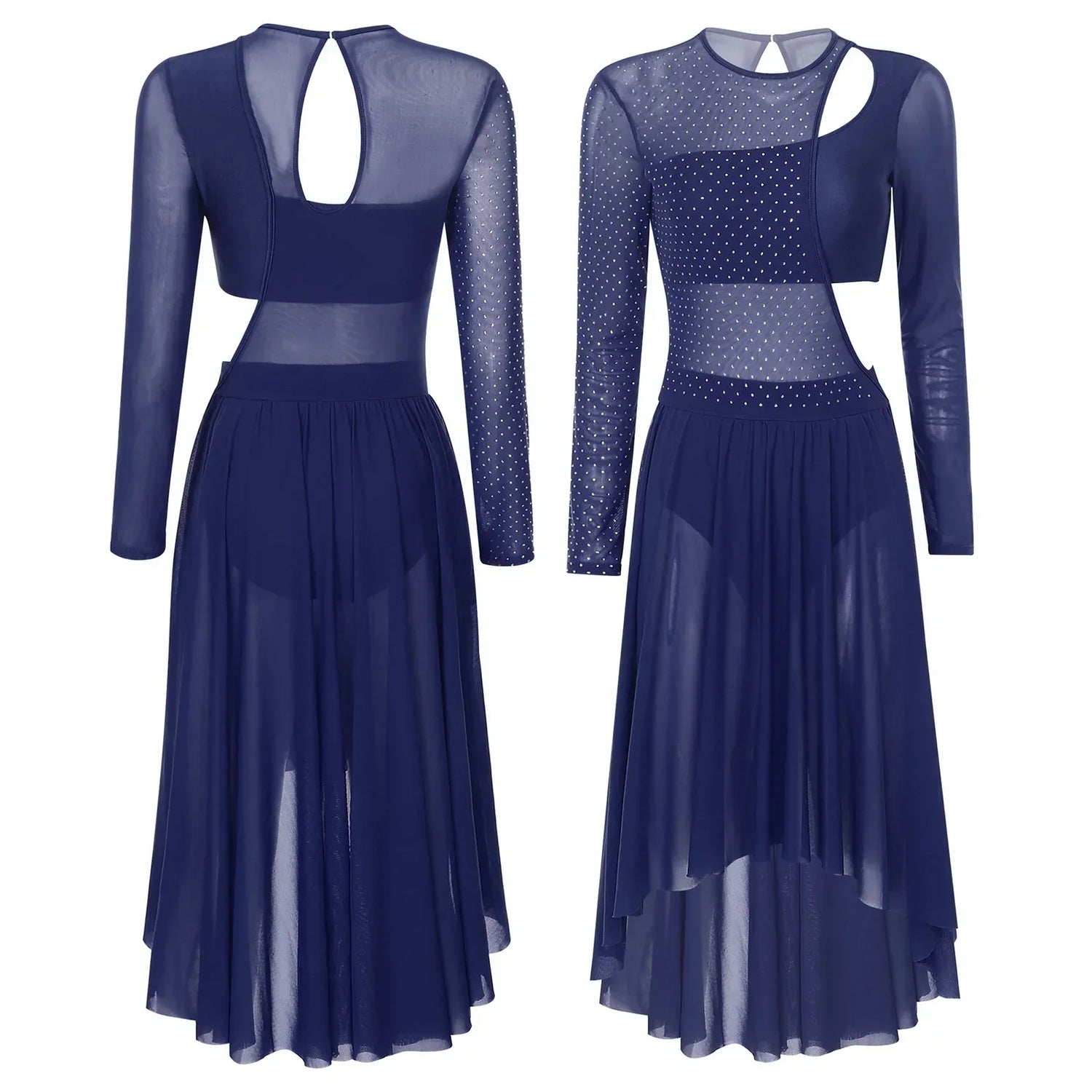 Womens Ballet Lyrical Dance Dress Shiny Rhinestone Sheer Mesh Gymnastics Leotard Modern Contemporary Stage Performance Dancewear