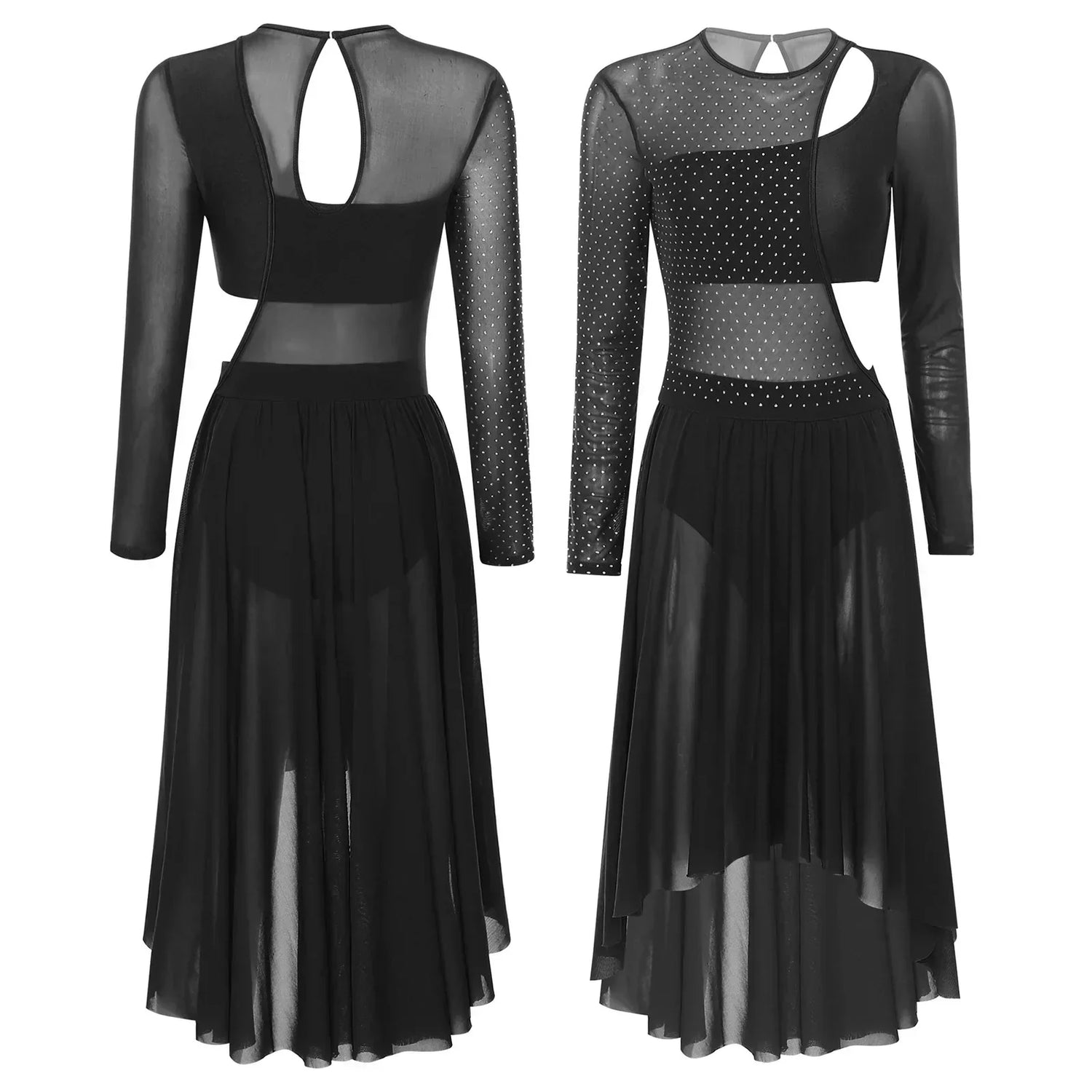 Womens Ballet Lyrical Dance Dress Shiny Rhinestone Sheer Mesh Gymnastics Leotard Modern Contemporary Stage Performance Dancewear