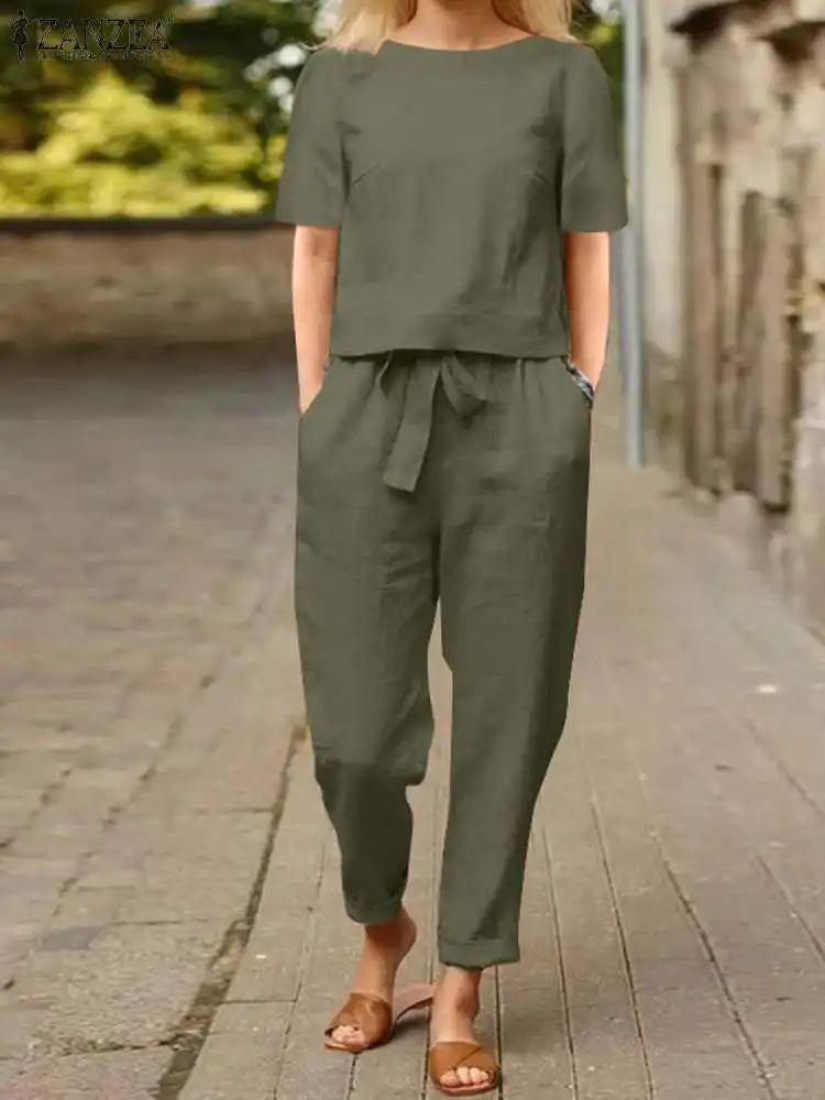 (Pack of 2) ZANZEA Summer Women Short Sleeve Blouse Harem Pants Sets Solid Tracksuit Two Piece Sets Loose Outifit Casual Matching Sets