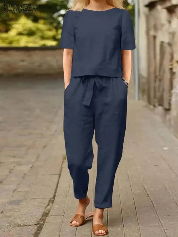 (Pack of 2) ZANZEA Summer Women Short Sleeve Blouse Harem Pants Sets Solid Tracksuit Two Piece Sets Loose Outifit Casual Matching Sets